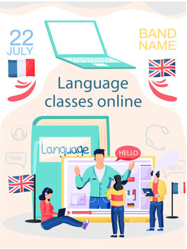 Language classes online with education platform vector banner. Foreign speech study at home using computer. Instructor leads video lesson on computer teaches students, distance tutorial via internet