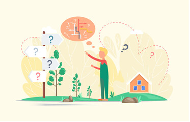 Making confusion. Doubts person surrounded by question marks. Questions dilemma situations. Asking questions. Confused people. Making choice. Being confused. Thinking or make decision. Solving problem