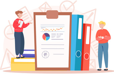 Businessman giving presentation on board with charts and schemes to colleague, marketing concept. Managers watch sales statistics, analyze indicators and present report at business meeting in office