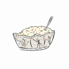 Vector illustration of Russian salad. Image of russian traditional new year s dish Olivier salad.