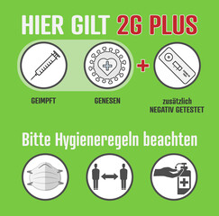 Covid 2G PLUS rules and hygiene measures in German language, access only for vaccinated (GEIMPFT) and recovered (GENESEN) persons with additional negative test (NEGATIV GETESTET), vector illustration