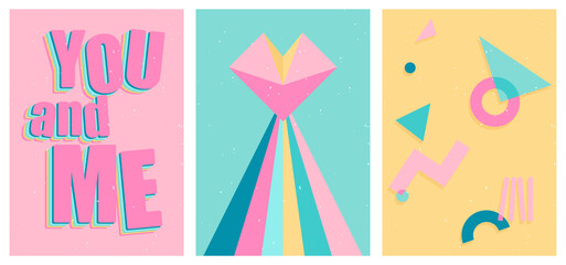 A set of three bright aesthetic posters. Minimalistic posters with positive phrases for social media, cover design, web. Vintage illustrations with rainbow, sun, geometric shapes, dots, lines.