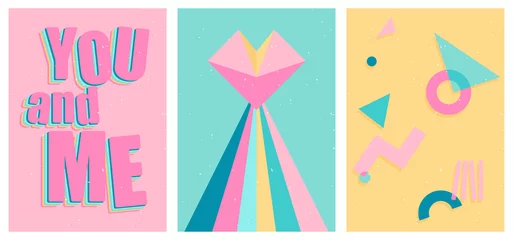 Fotobehang A set of three bright aesthetic posters. Minimalistic posters with positive phrases for social media, cover design, web. Vintage illustrations with rainbow, sun, geometric shapes, dots, lines. © Nataly