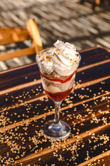 Colorful Food Appetizer Starts Snacks Fresh Delicious Menu Recipe Meal Meat Chicken Fries Fish Seafood Beer on a wooden table on the Beach