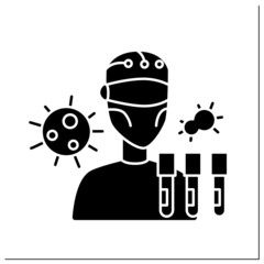 Robot glyph icon. AI in medicine. Digital scientist. Research and examine viruses. AI diagnostic concept. Isolated vector illustration