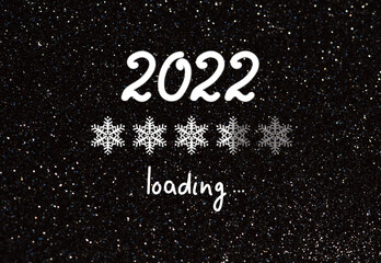 New Year 2022 concept with loading bar in snowflakes form showing progress on dark black glittering shining background and inscription, Christmas holiday design in minimalistic style.
