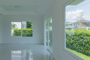 Fototapeta na wymiar Empty room with glass window frame house interior on concrete wall