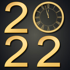 Black and golden shiny 2022 New Year web banner. Card with snow, reflection and round clock the chimes Kremlin Spasskaya background. Isolated vector illustration.