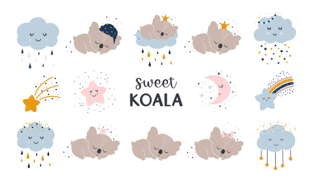 Childrens vector set with cute sleeping animals. Koala, stars, clouds with drops and the moon. Vector funny animal printable for childrens graphic costume.