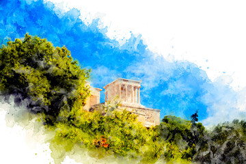 Naklejka premium Watercolor drawing. View of the Acropolis hill in Athens, Greece