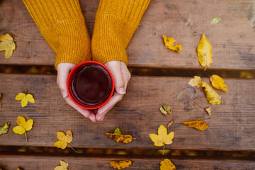 cup of hot tea in female hands holding it on wooden table autumn background with leaves. Warm drink concept.