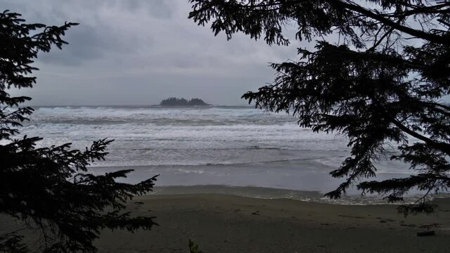 View of the rough coast of the Pacific Ocean at Florencia Bay beach through trees in Pacific Rim National Park Reserve on Vancouver Island, British Columbia, Canada on cloudy day in autumn season with