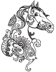 horse head floral style. Mehndi henna tattoo. Black and white vector illustration