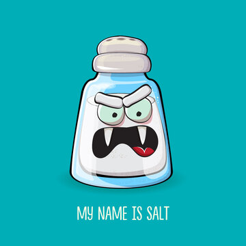Cute cartoon salt shaker with smiling faces isolated on turquoise background. Funky Kawaii salt character. My name is salt concept illustration for printing on tee