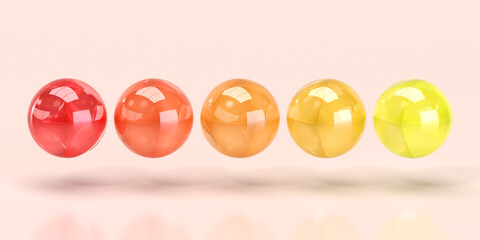 Glowing colored glass spheres. Shiny round candies. Color sequence. 3d rendering