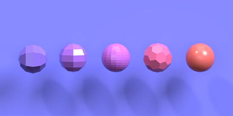 Spheres and polyhedra with projected shadow on a violet background. Decorative image with rounded geometric figures. 3d render