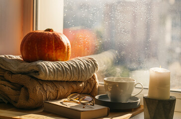 autumn morning. cozy home. warm plaid.