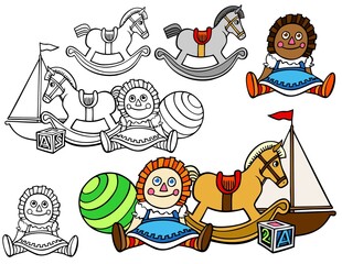 traditional toys, with alternates and black outline versions