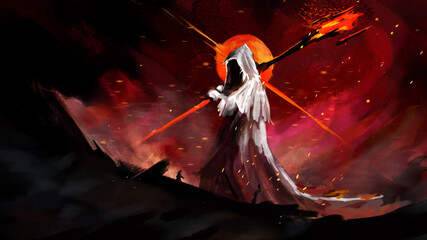 a reaper in a white robe with a hood walks with a torch in his hands against the background of a red moon and fog.  his face is not visible, and sparks of fire are flying in the background. 2d art