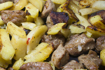 french fries with pieces of meat