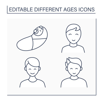 Different ages line icons set. Generations. Newborn, teenagers, adulthood and retirement of male life. Life cycle concept. Isolated vector illustrations. Editable stroke