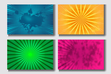 Pop art comic book cartoon magazine cover collection. yellow green, blue, pink. Halftone vector illustration. Vintage background for comic superhero text,