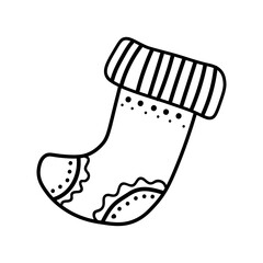 Christmas sock for gifts.Vector Doodle style outline. One winter boot. Holiday simple illustration for cards, packages,social media,web,stickers, logos