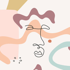 Obraz premium Face with abstract shapes in line art style are isolated. Contemporary hand drawn vector illustrations with continuous line face in minimalistic elegant concept. Design for postcard, poster, textile