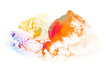 Colorful chemical abstract powder paint mixture and splatter on white background. Isolated multicolored artistic explosion and textured dust particles. Creative and contemporary colored explosion 