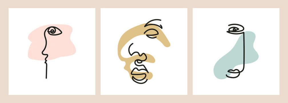 Set of minimalistic elegant concepts with faces and abstract shapes isolated. Contemporary hand drawn vector illustration. Design for poster, postcard, banner, interior, textile.