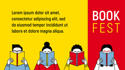 Banner for book festival. People read books. Vector minimalist background. Design template for a library, school, education theme. Students are reading.