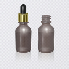 Cosmetic dropper bottle. Serum bottles with drop pipette mockup isolated on white, collagen flacon illustration
