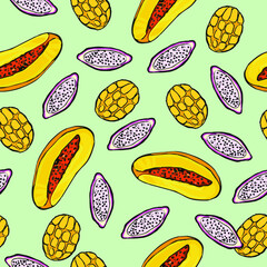 Vector drawn tropic fruits pattern, ripe exotic fruits background, cartoon vector fruits, papaya, dragon fruit, mango