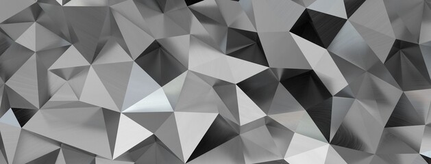Close up detail of abstract modern metallic triangular wall pattern. Silver triangle geometric art wallpaper.