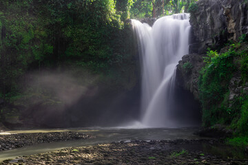 Panoramic view. Tegenungan waterfall in jungle Ubud, Bali island Indonesia. Wallpaper background. Natural scenery. Touristic resort. © Vitalii_Mamchuk