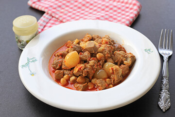Traditional Turkish meal with delicious meat; onion stew with meat (Turkish name; etli sogan yahnisi, et kavurma)