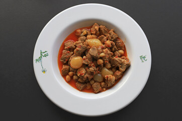 Traditional Turkish meal with delicious meat; onion stew with meat (Turkish name; etli sogan yahnisi, et kavurma)