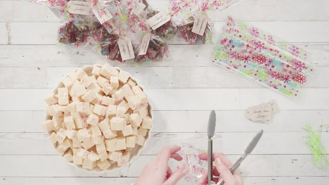 Flat lay. Step by step. Packaging homemade candy cane fudge into small gift bags.