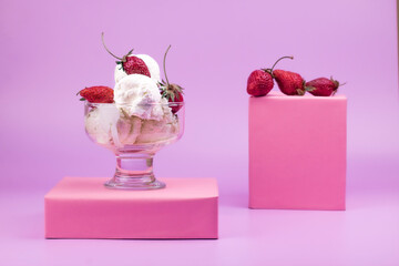 Ice cream and strawberries in glass of ice cream on pink trendy podium. Trendy summer pink background.
