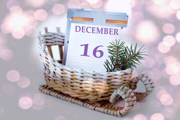 Calendar for December 16: leaves of a calendar with the name of the month, number 16 in a...