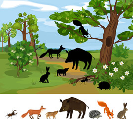 Find the right shade. Educational children matching game with animals living in grove and park. Ecosystem of forest. Diverse inhabitants of grove