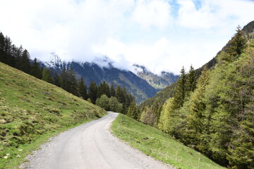 Fototapeta na wymiar Szlak w górach z widokiem na ośnieżone, zachmurzone szczyty Alp