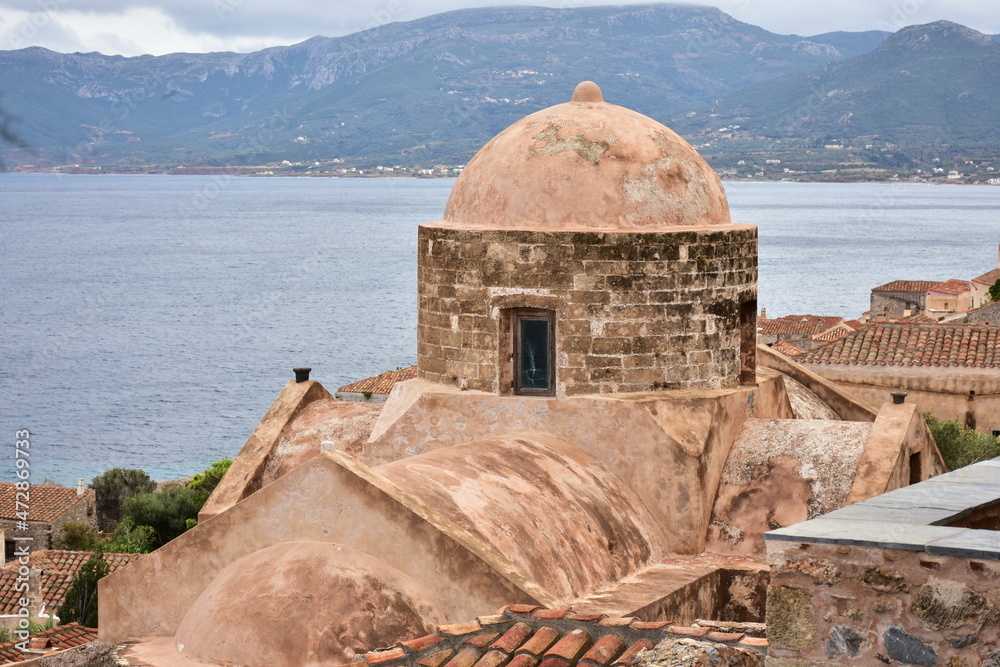 Poster Monemvasia villagewith old houses  in ancient town, Peloponnese island in Greece