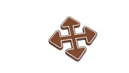3d rendering of gingerbread symbol of four direction arrows isolated on white background