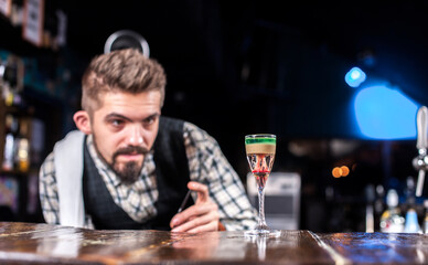 Charming bartender pouring fresh alcoholic drink into the glasses at the bar counter
