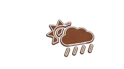 3d rendering of gingerbread symbol of cloud sun rain isolated on white background