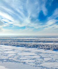 Aerial view of the great river in early winter