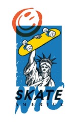 Statue of Liberty skater. NYC American symbol holding skateboard above her head. Street style typography t-shirt print vector illustration.