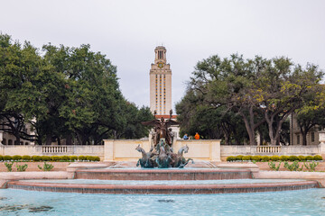 Overcast view of the UT Tower of University of Texas at Austin
