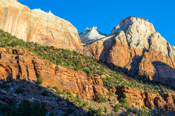 USA, Utah, Morning sunlight lights up the sandstone cliffs of Zion National Park.